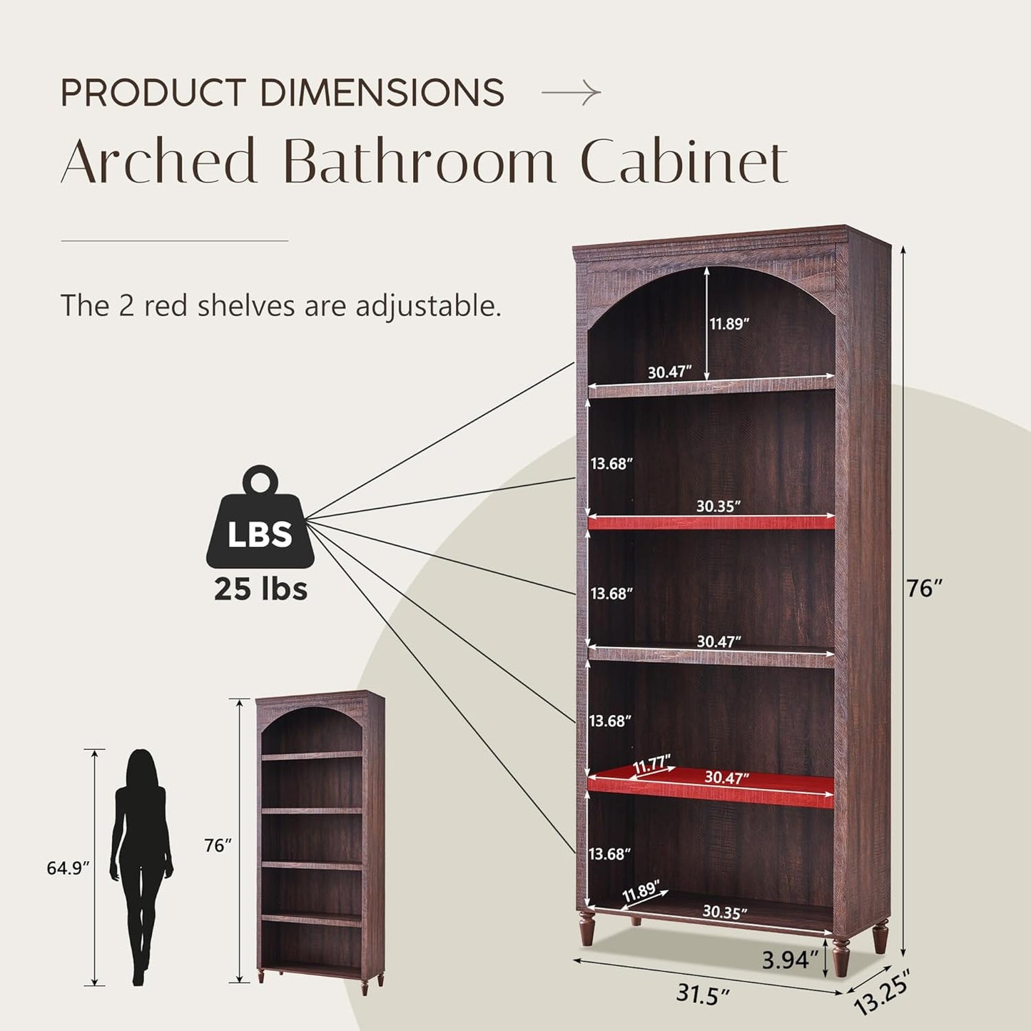 76" Tall Arched Bathroom Storage Cabinet, 5 Tiers Large Farmhouse Arched Cabinet w/Adjustable Shelves, Modern Wooden Storage Cabinet for Bathroom, Living Room, Entryway, Study Room (Brown)