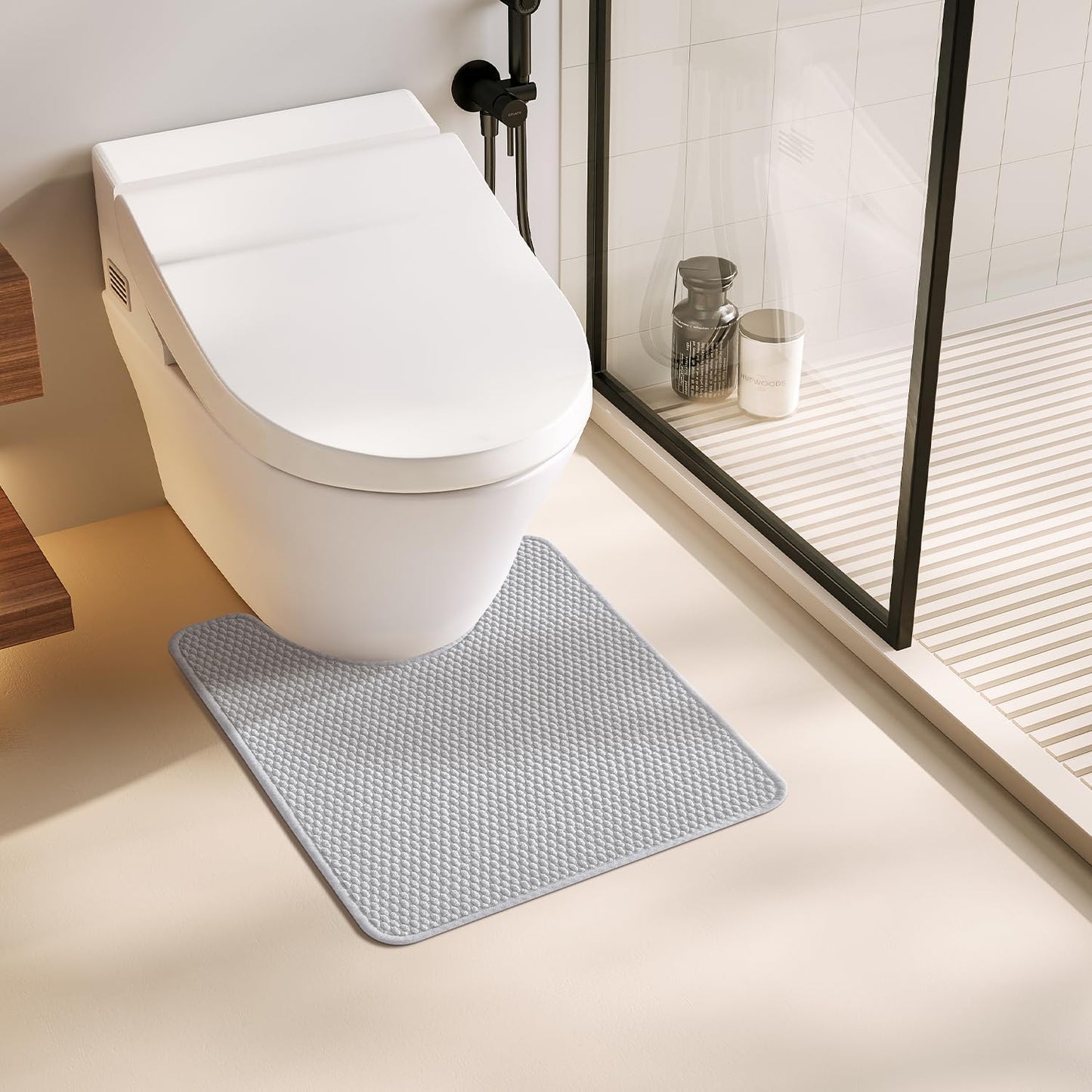 Toilet Rug, Thin Toilet Rugs U Shaped Washable Non Slip Absorbent Quick Dry Low Pile Toilet Mat, Light Grey 20"x24" U Shape