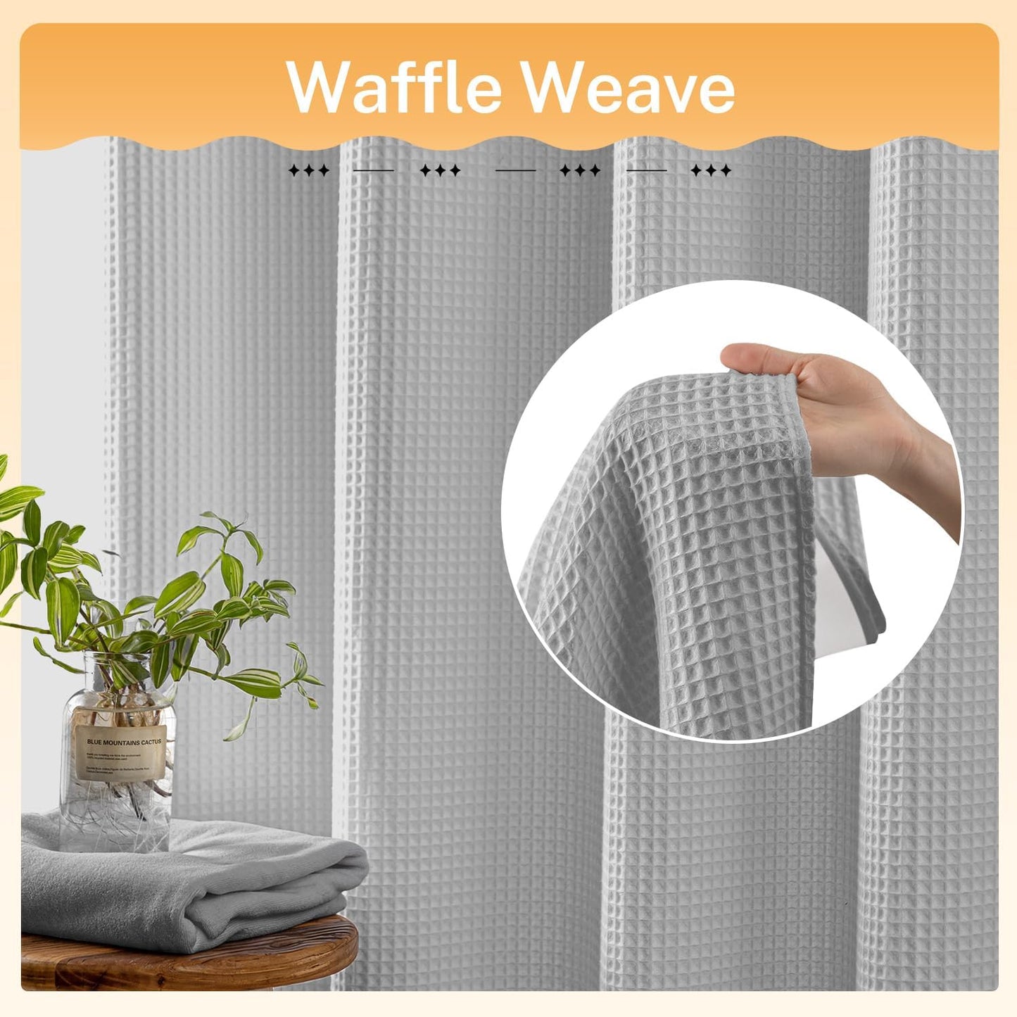 River Dream Gray Fabric Shower Curtain Set, Cotton Blend, Waffle Weave, with Snap in Replacement Liner，71 x 74 inches