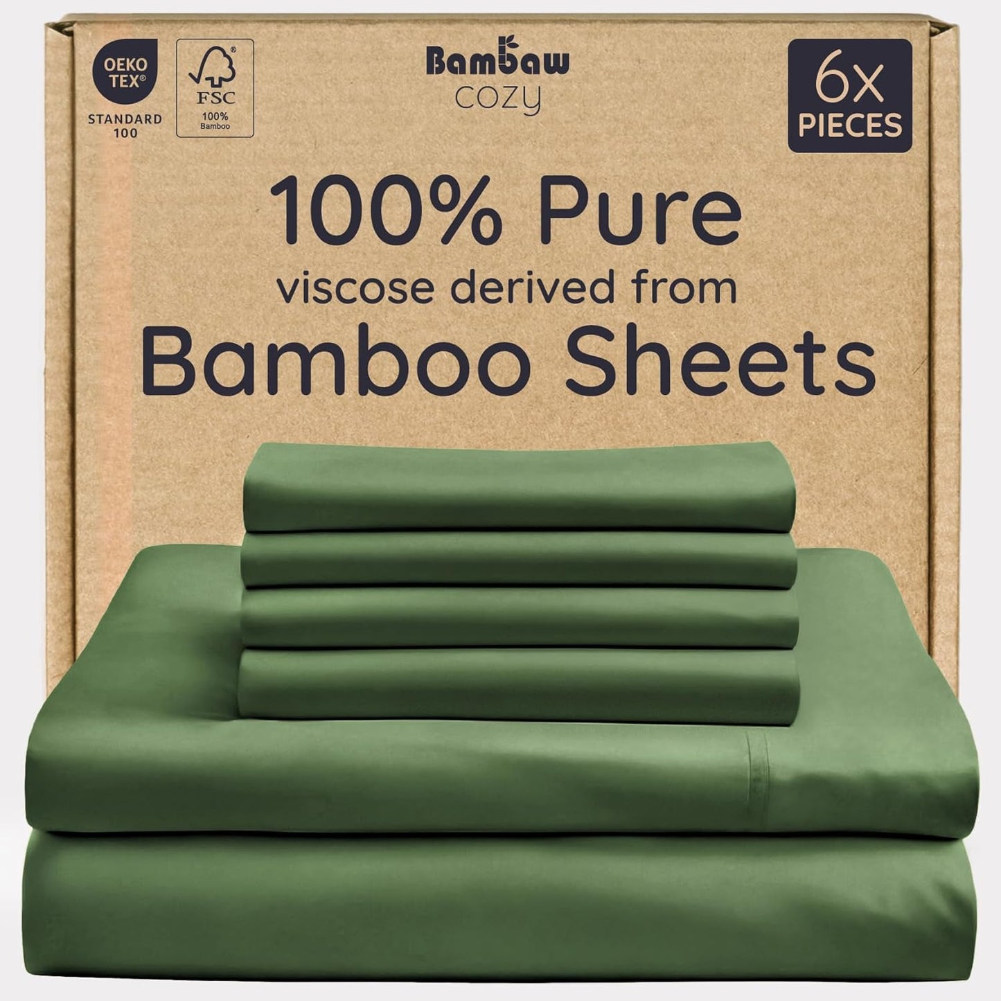 Bambaw 100% Viscose Derived from Bamboo Sheets King Size Set – 6pcs Set of Cooling Sheets for Hot Sleepers, Fits Up to 16'' Mattresses, Super Soft & Luxury Bedding Sets King (Olive)