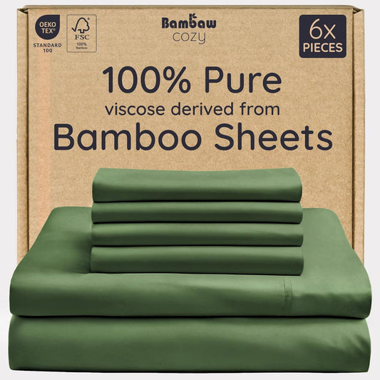 Bambaw 100% Viscose Derived from Bamboo Sheets King Size Set – 6pcs Set of Cooling Sheets for Hot Sleepers, Fits Up to 16'' Mattresses, Super Soft & Luxury Bedding Sets King (Olive)