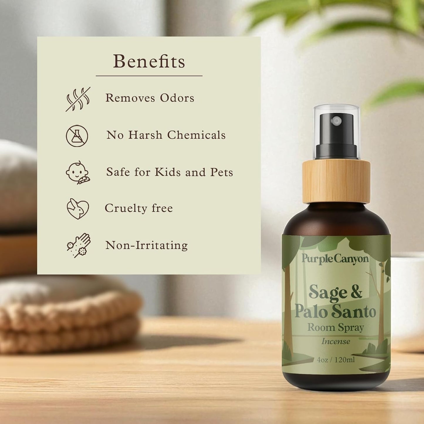 Purple Canyon Sage & Palo Santo Room Spray — 4 oz Natural Linen & Room Freshener — Earthy, Herbal & Woody Fragrance Mist — Cleanse & Refresh Home Atmosphere — Premium Natural Fragrance Oils