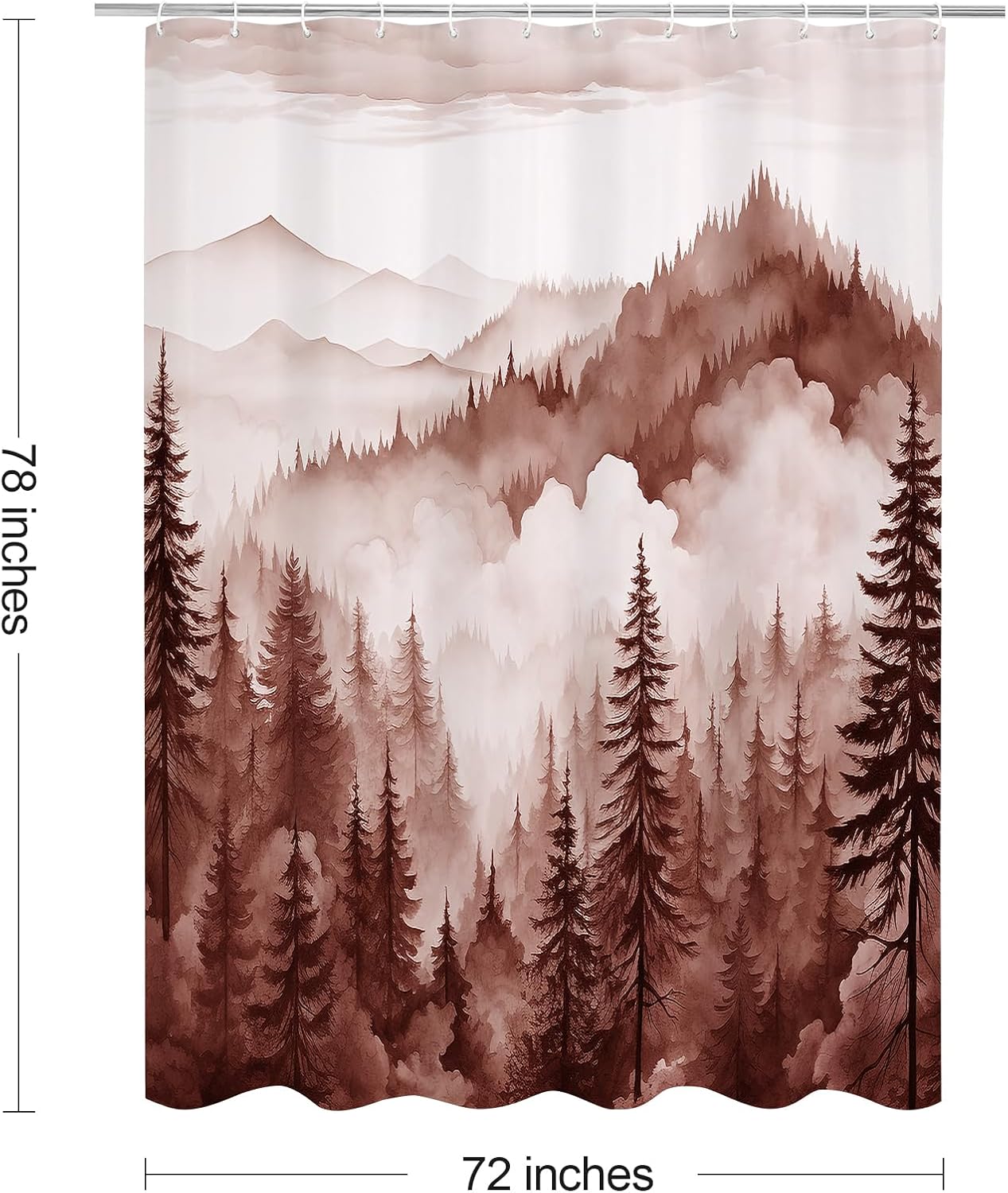 Burgundy Long Misty Pine Forest Shower Curtain 72 x 78, Mountain Foggy Woodland Scenery Tree 78 Inch Long Shower Curtains for Bathroom, Abstract Waterproof Nature-Themed Decor