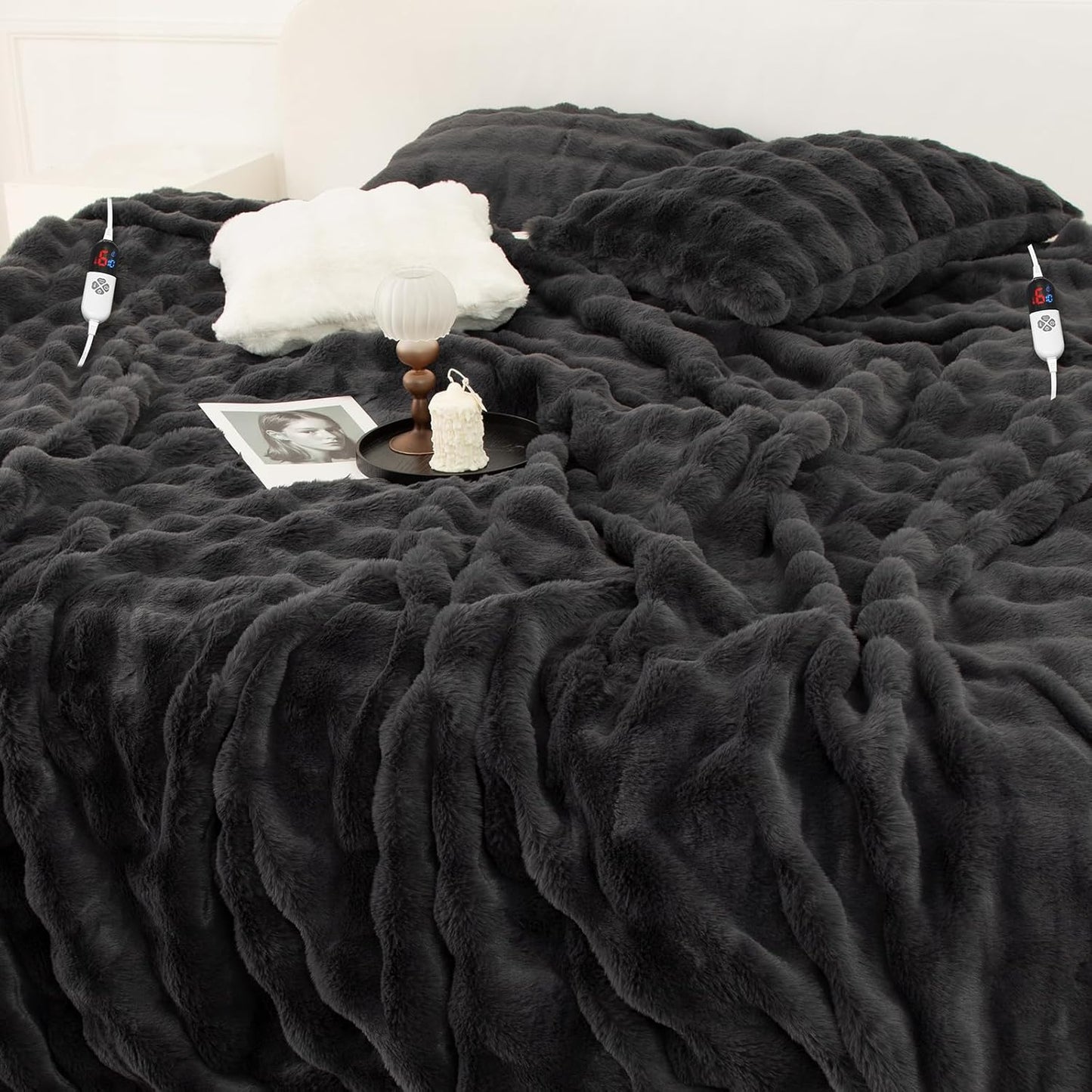 Faux Rabbit Fur Bubble Heated Blanket Queen Size Dark Grey - Fluffy Thick Electric Blanket with Dual Control, 6 Heating Levels & 10 Timer Settings, Overheat Protection, Home Decor (84" x 90")