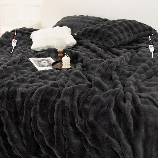 Faux Rabbit Fur Bubble Heated Blanket Queen Size Dark Grey - Fluffy Thick Electric Blanket with Dual Control, 6 Heating Levels & 10 Timer Settings, Overheat Protection, Home Decor (84" x 90")