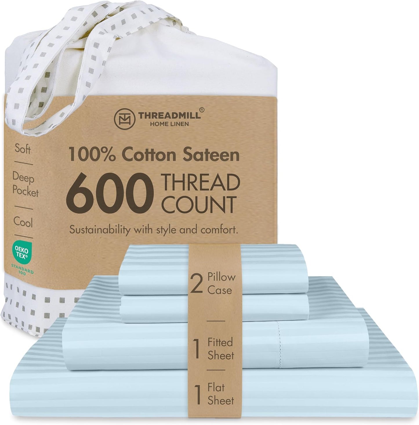 Threadmill 100% Cotton Sheets for Queen Size Bed - 600 Thread Count Queen Bed Sheets Set with 16” Deep Pocket - Damask Stripe Sateen Weave 4-Piece Bedding Set with Cooling Effect, Blue