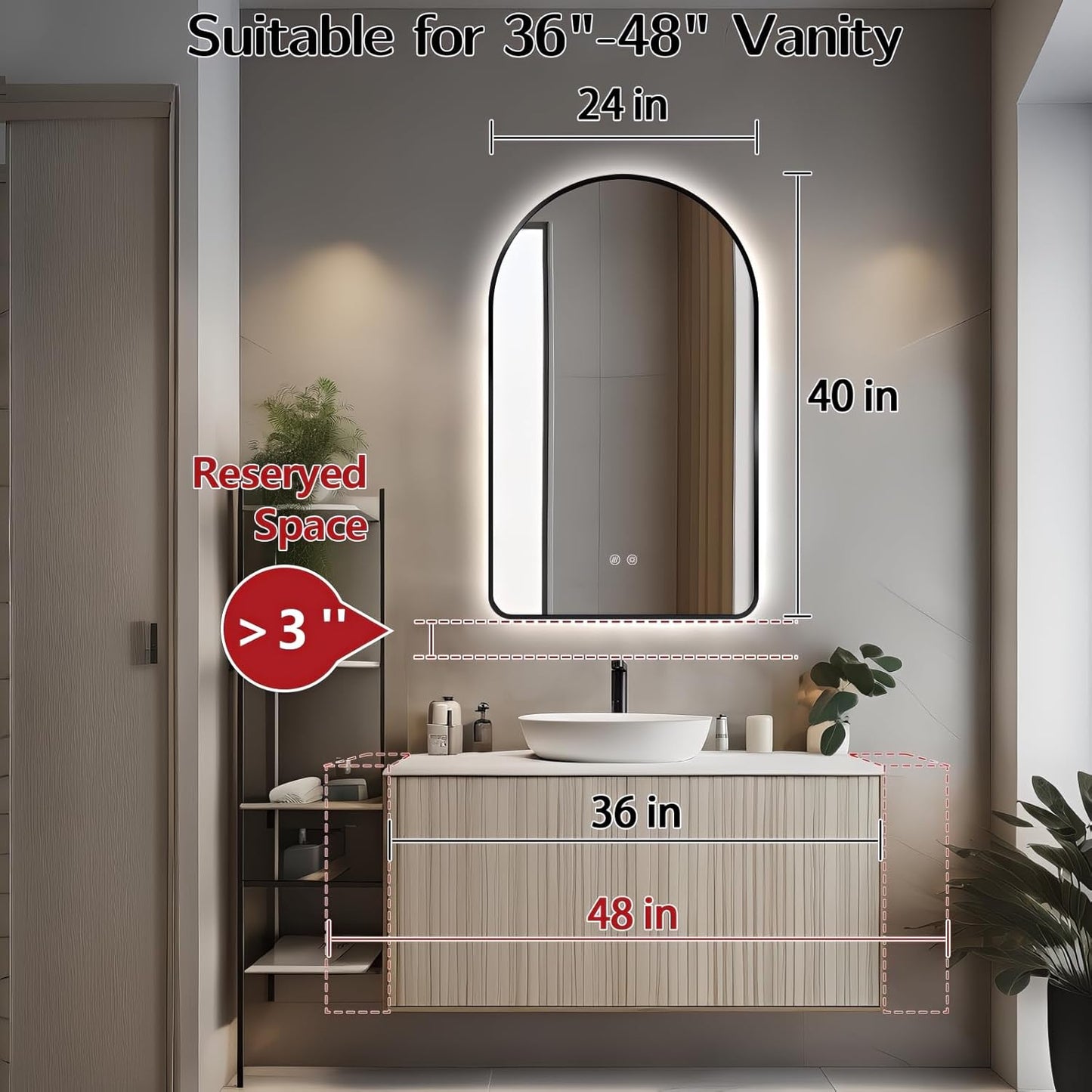 Niccy Arched LED Lighted Bathroom Mirror, 40x24 Inch Backlit Vanity Bathroom Mirror with Lights Brushed Black Framed Wall Mounted Mirrors with 3 Color Shatterproof Arch Smart Fog Free Mirror