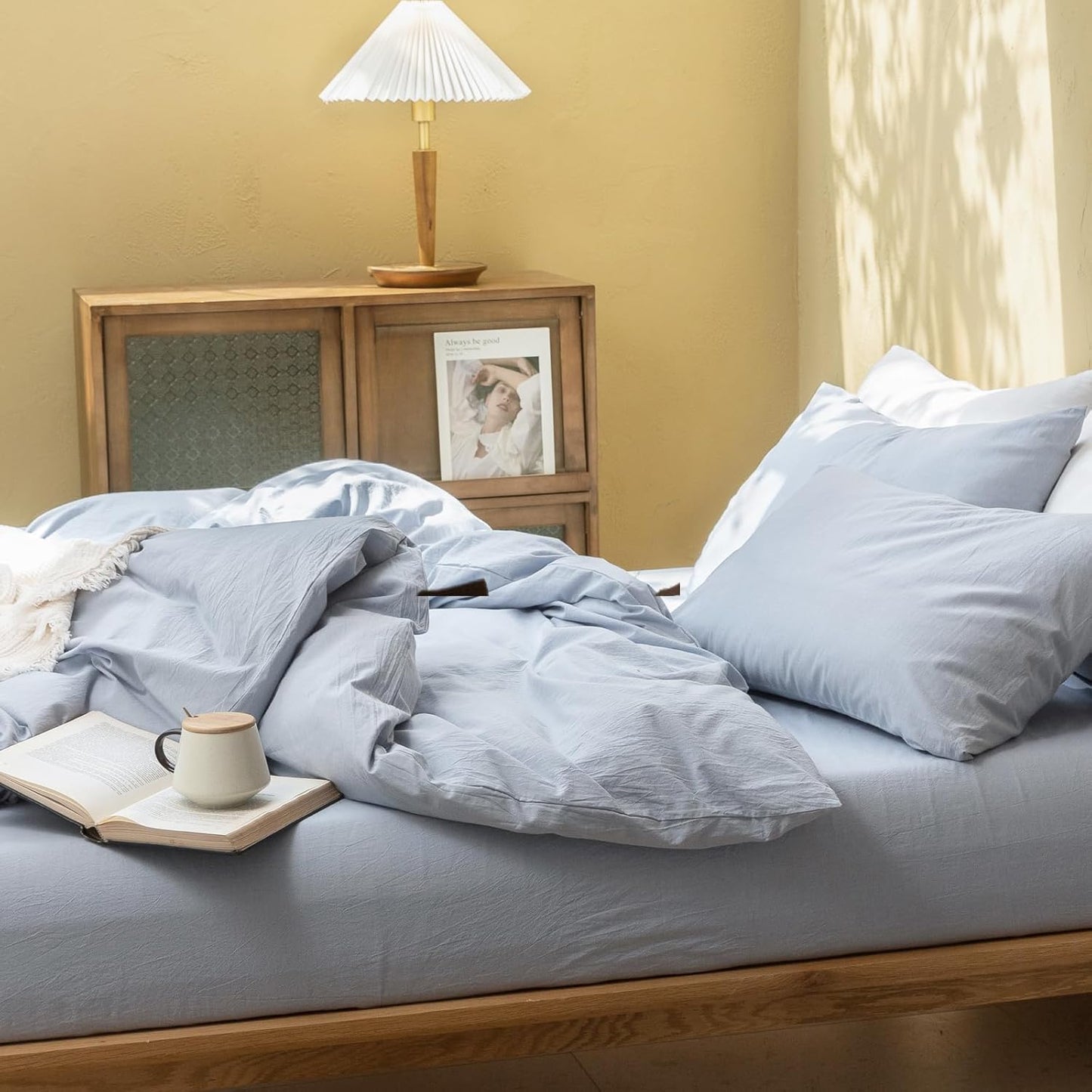 FOSSA Duvet Cover Set 100% Washed Cotton Linen Feel Super Soft Breathable Cozy Simple Style 3 Pieces Bedding Sets Solid Cornflower Blue Twin XL
