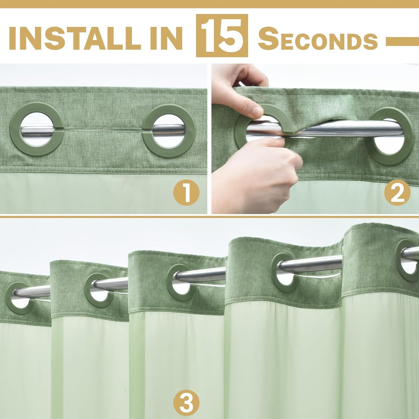 Extra Long No Hook Shower Curtain with Snap in Liner, Polyester Textured Shower Curtain with Liner Set, Waterproof Washable Hotel Style Shower Curtains for Bathroom, 71Wx86H, Sage Green
