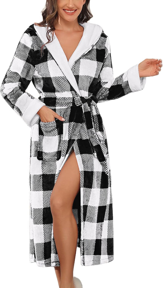 Ekouaer Womens Plush Robes Long Soft Jacquard Fluffy Bathrobe Hooded Robe Sleepwear with Pockets