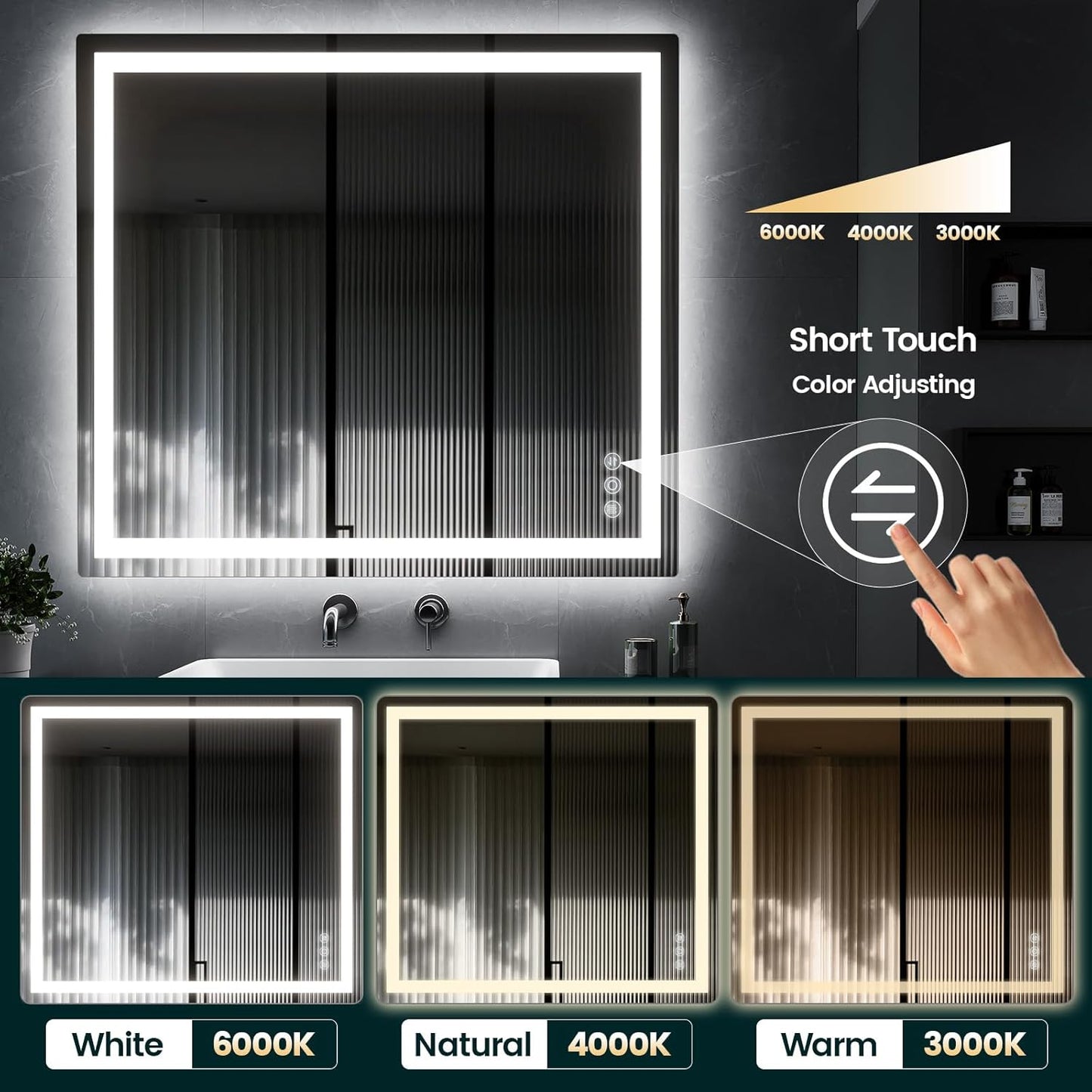 36"x 40" Bathroom Mirror with Lights, LED Mirror for Bathroom with Stepless 3 Colors Temperature & Dimmable Memory Anti-Fog Tempered Glass Mirror