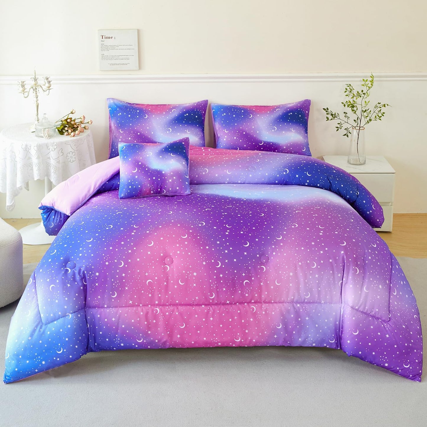 URBONUR 6Pcs Glitter Comforter Set for Girls Queen Size Colorful Gradient Galaxy Bedding Set Kids Teen Comforter Sets Bed in A Bag Queen (Purple Blue)