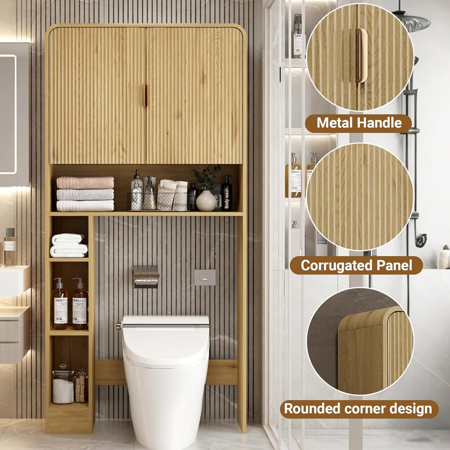 Over The Toilet Storage Cabinet, Farmhouse Bathroom Organizers and Storage with Fluted Doors & 8 Storage Compartments，Home Space-Saving Toilet Rack, for Bathroom, Restroom and Laundry