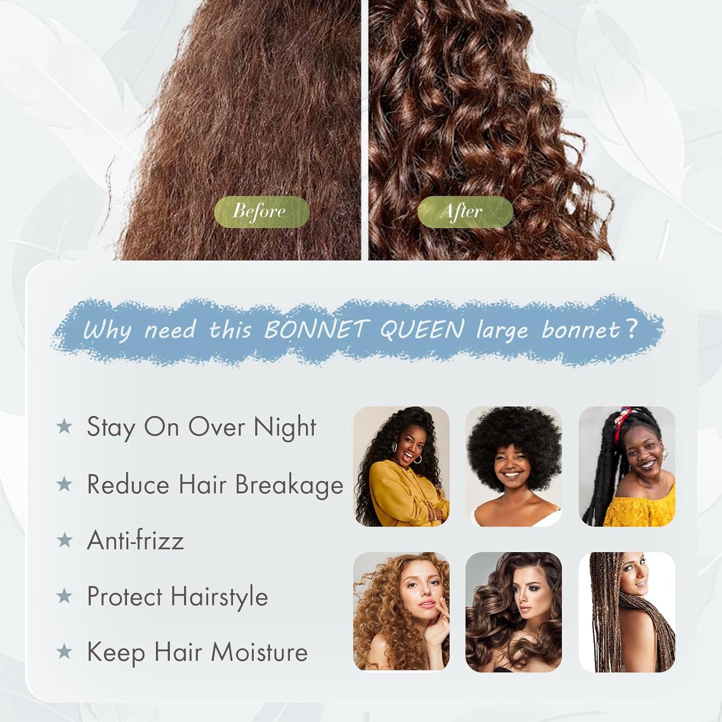 BONNET QUEEN Silk Bonnet for Sleeping Women Big Satin Bonnet Night Sleep Cap Wrap for Curly Hair with Adjustable Tie Band, Single Layer, Large, Light Blue