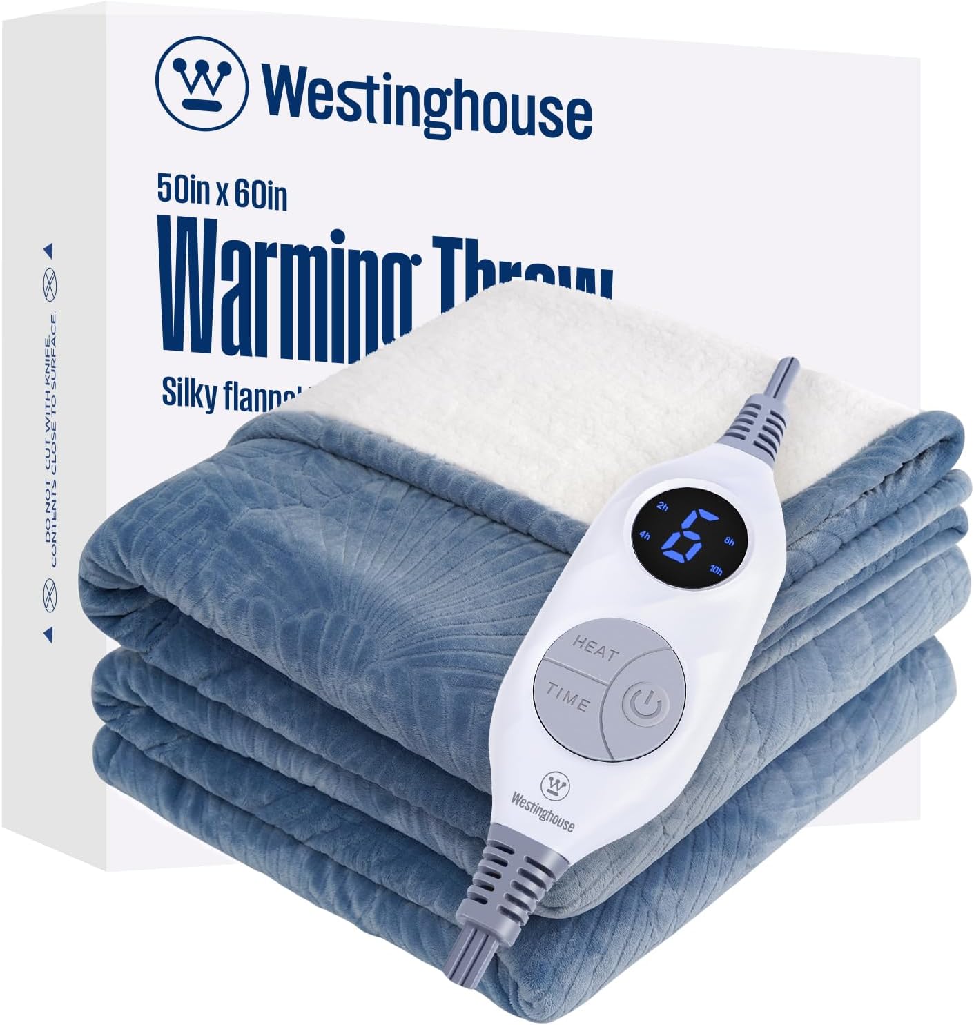 Westinghouse Heated Throw Blanket, Flower Jacquard Electric Blanket Throw with 6 Heating Levels and 2-10 Hours Auto-Off, Flannel to Sherpa Super Cozy Heated Blanket, Machine Washable (50" x 60" Blue)