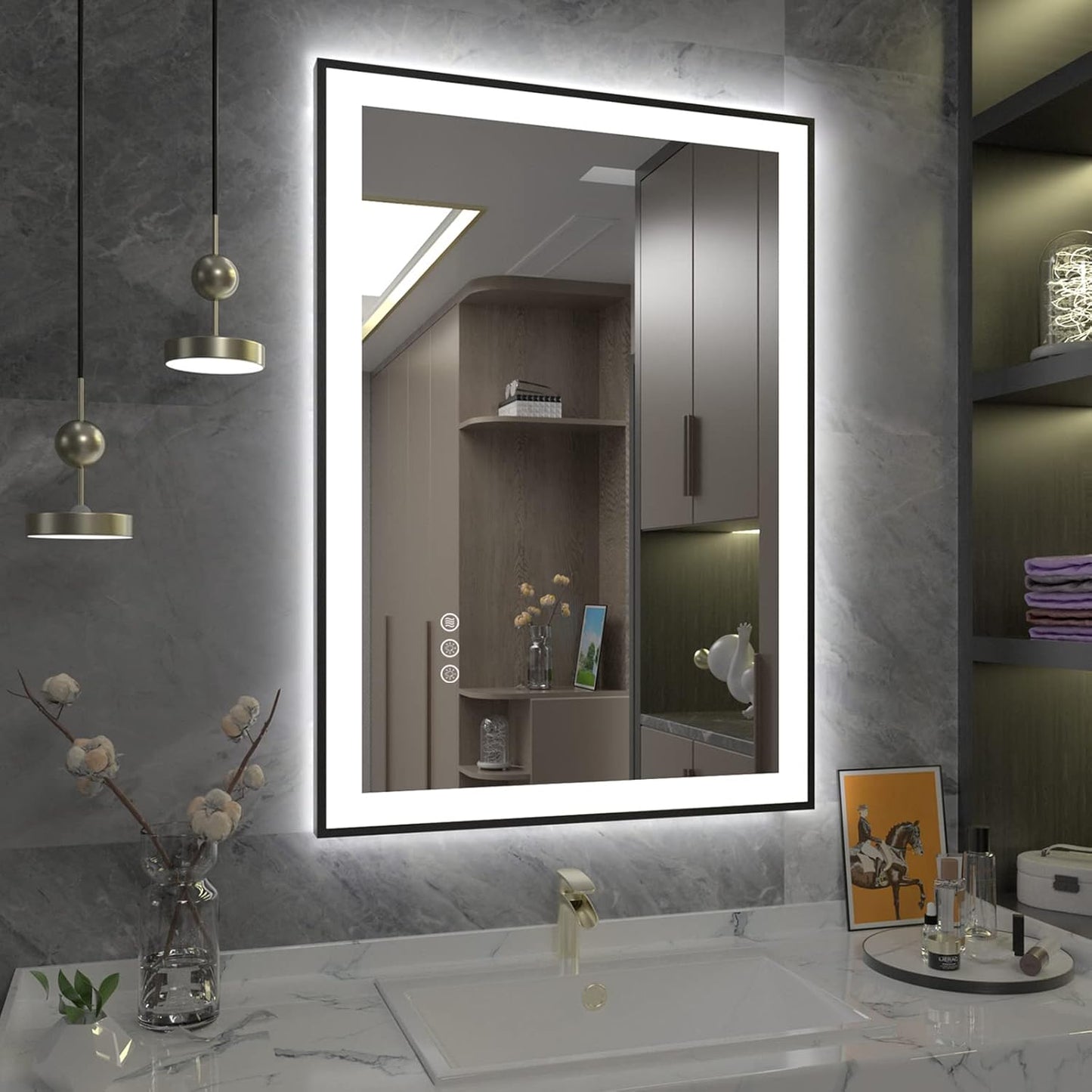 SMIROR 22 x 30 LED Lighted Bathroom Mirror for Wall, Matte Black Framed Vanity Mirrors, Front and Backlit, Dimmable, Anti-Fog, Memory, Shatterproof, ETL Listed (Horizontal/Vertical)