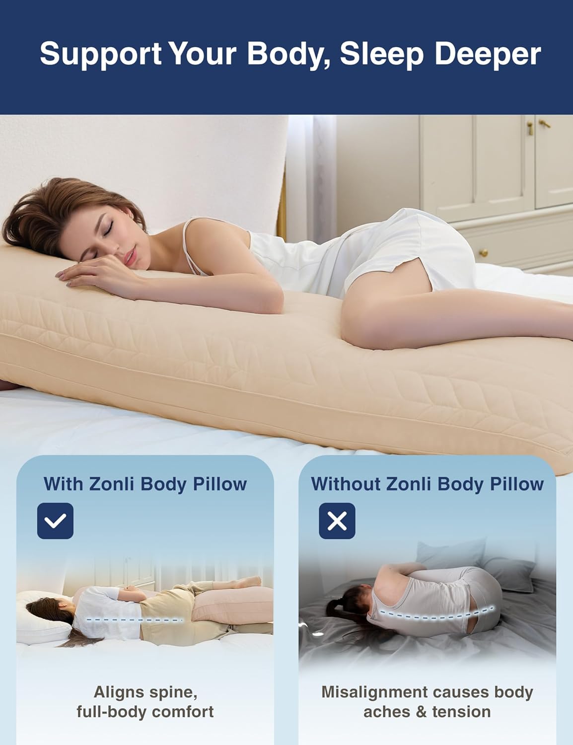 ZonLi Memory Foam Body Pillow for Adults, Long Pillow for Bed, Firm Body Pillow for Side Sleeper, Elegant Quilted Full Length Body Pillows Large -20x54 inch, Khaki