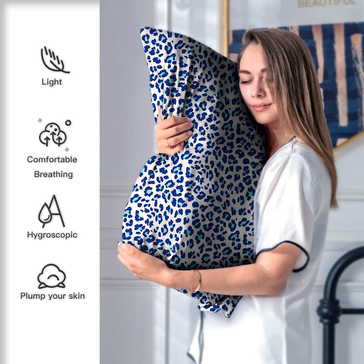 Mulberry Silk Pillowcase for Hair and Skin Queen Size Leopard Print Silk Pillow Cases with Zipper Soft Breathable Smooth Cooling Silk Pillow Covers for Sleeping (Blue Leopard,20"X 30",1Pcs)