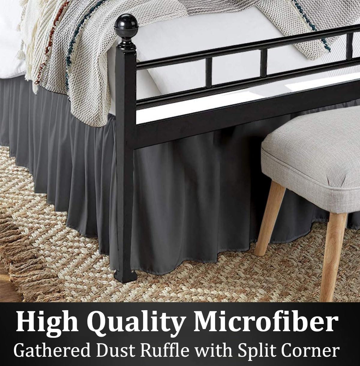 Ruffled Bed Skirt with Split Corners, Dark Grey, King 16 Inch Drop Bedskirt, Hotel Quality Brushed Microfiber Wrinkle Free Dust Ruffle Bed Skirt King Size
