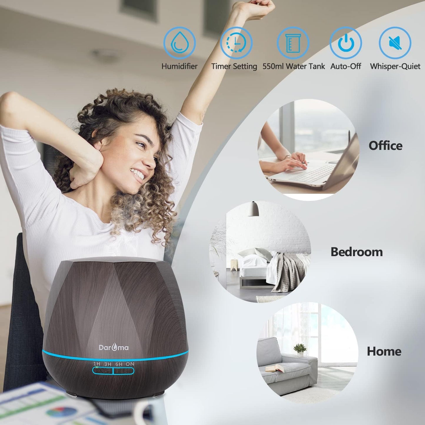 550ml Essential Oil Diffuser, DAROMA Upgraded Remote Control 6 in 1 Aromatherapy Ultrasonic Cool Mist Humidifier, 7 Color Changing Mood Lights & Waterless Auto-Off for Home Office Gift, Dark Wood