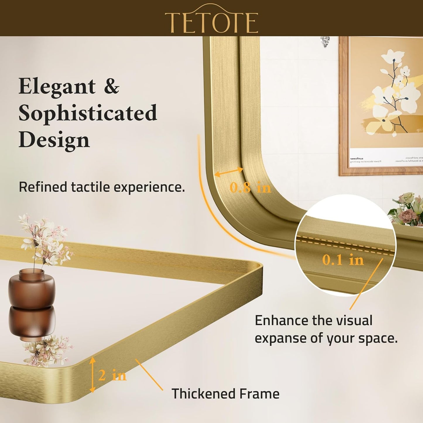 TETOTE Brushed Gold Bathroom Mirror, 24 x 36 Inch Metal Framed Mirror, Brushed Brass Rectangle Wall Mounted Golden Vanity Mirror (Horizontal/Vertical)