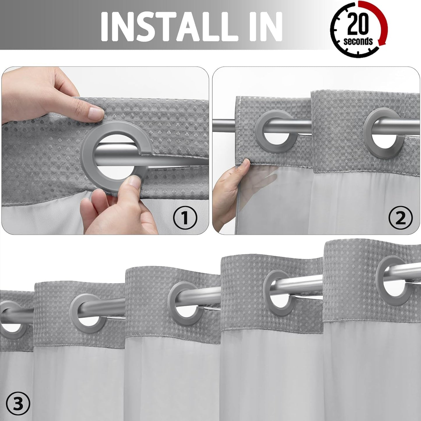 YellyHommy Stall No Hook Shower Curtain with Snap in Fabric Liner Set Less Time Grey Waffle Shower Curtain for Bathroom 75" L x 60" W