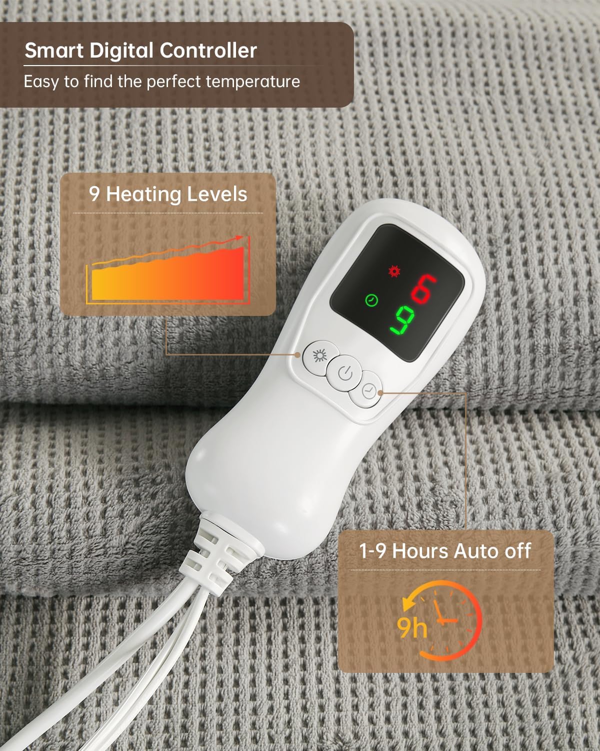 Heated Blanket Electric Blanket Full Size, Washable Blanket Warmer for Home for Adults, Fast Heating Super Cozy Soft Fabric, 72" x 84", 9 Heat Levels, 1-9H Auto-Off, ETL Certified, Gray