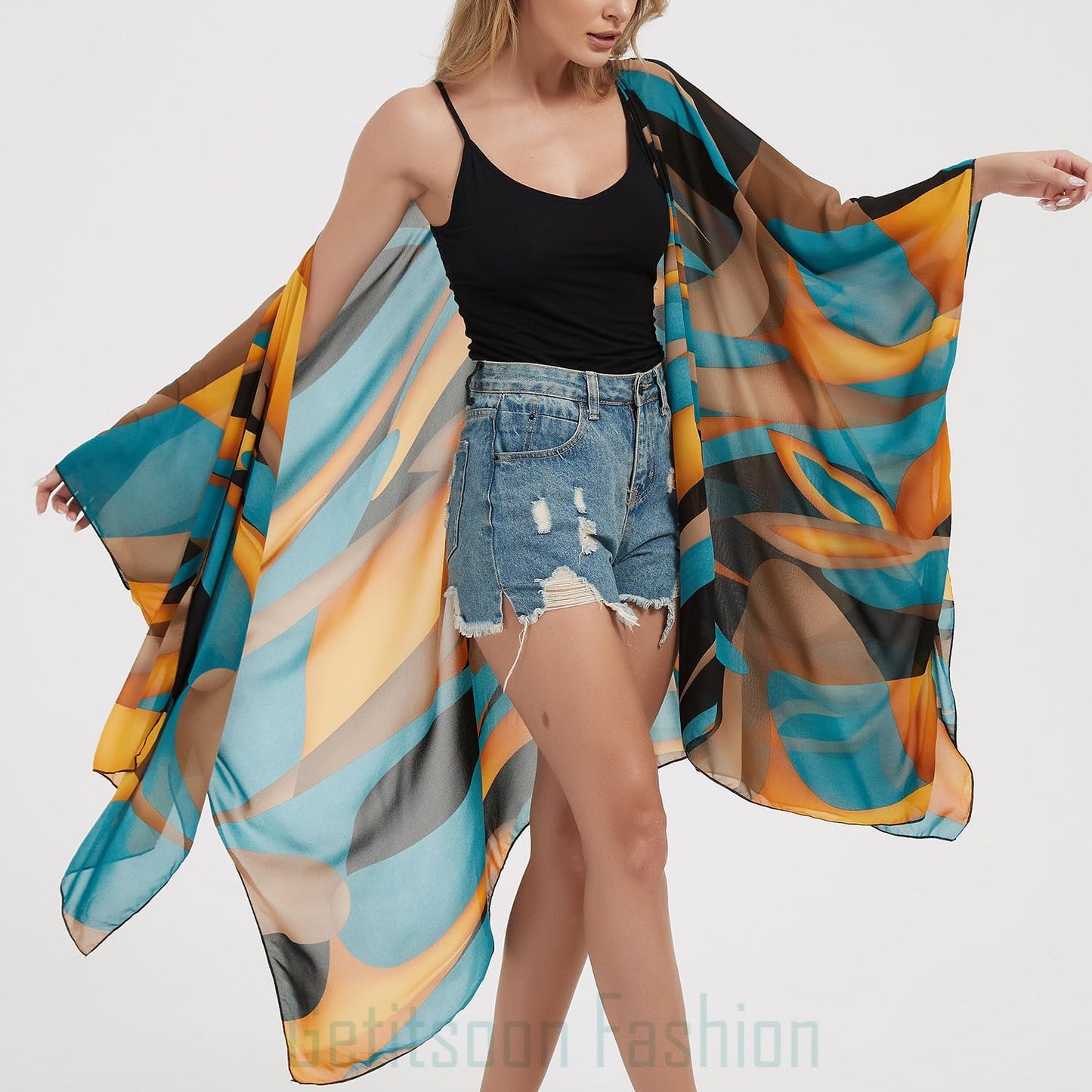 Women's Bohemian Floral Chiffon Beach Cover up Swimsuit Kimono Summer Swimwear Cardigans
