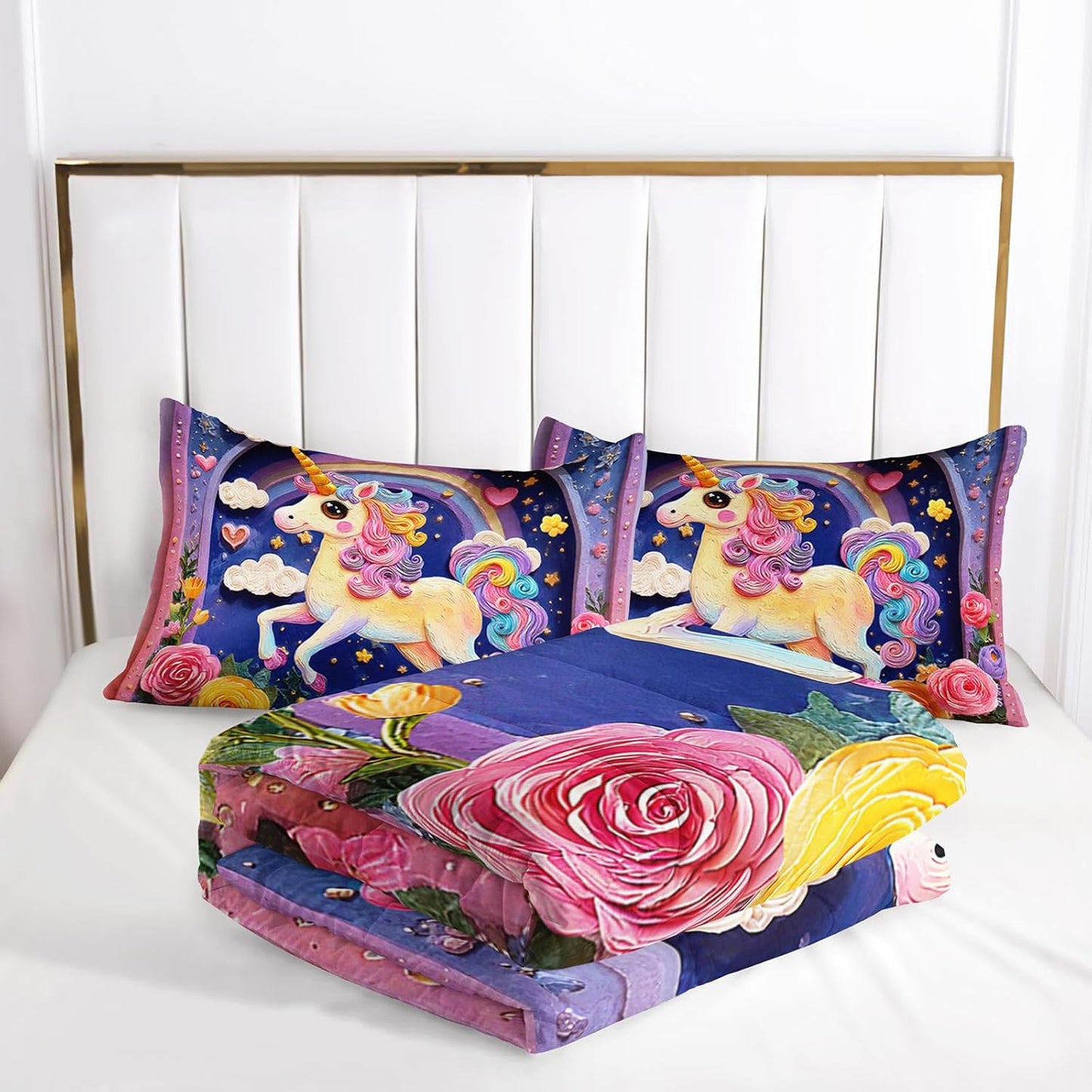 Pink Purple Rainbow Unicorn Flower Comforter Set Twin for Kids Girls，Girls Unicorn and Rainbows Bedding Sets Twin，with 1 Comforter with 2 Pillow Case，Unicorn Bedroom Decor and Bedding Set