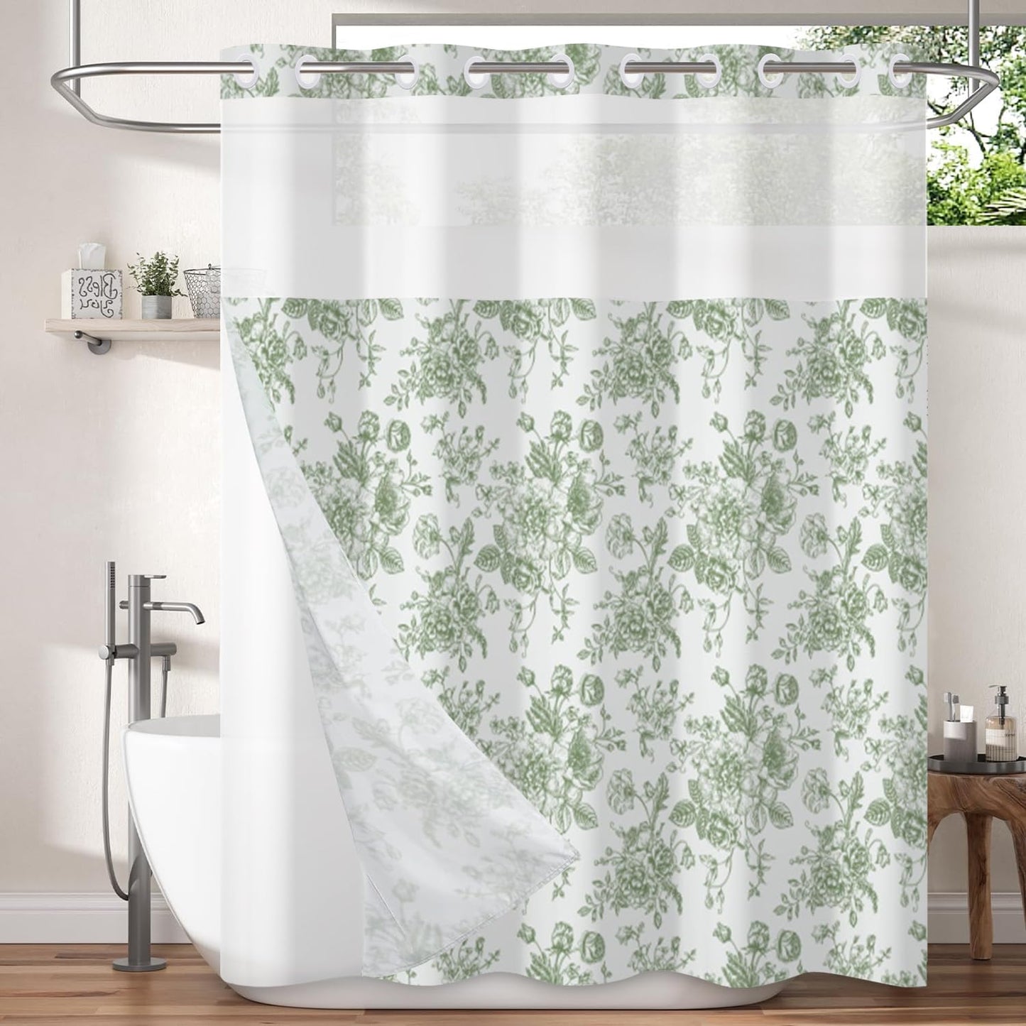 Floral Shower Curtain No Hooks with Snap in Fabric Liner Set,Spring Farmhouse Shower Curtain Hotel Bathroom Decor,with See Through Top Window,Green Flowers Fabric Waterproof,71x74 Inch