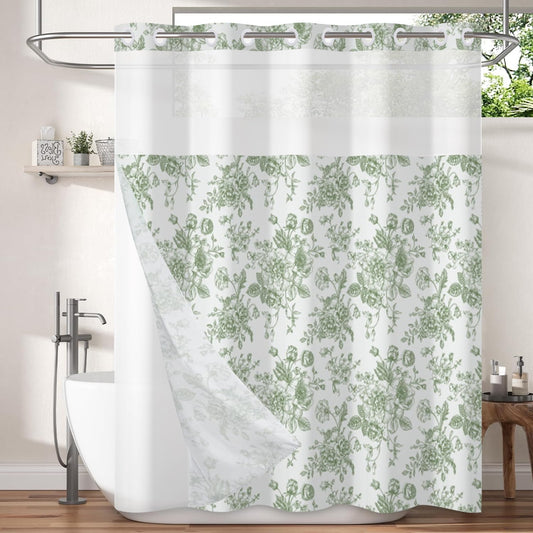 Floral Shower Curtain No Hooks with Snap in Fabric Liner Set,Spring Farmhouse Shower Curtain Hotel Bathroom Decor,with See Through Top Window,Green Flowers Fabric Waterproof,71x74 Inch