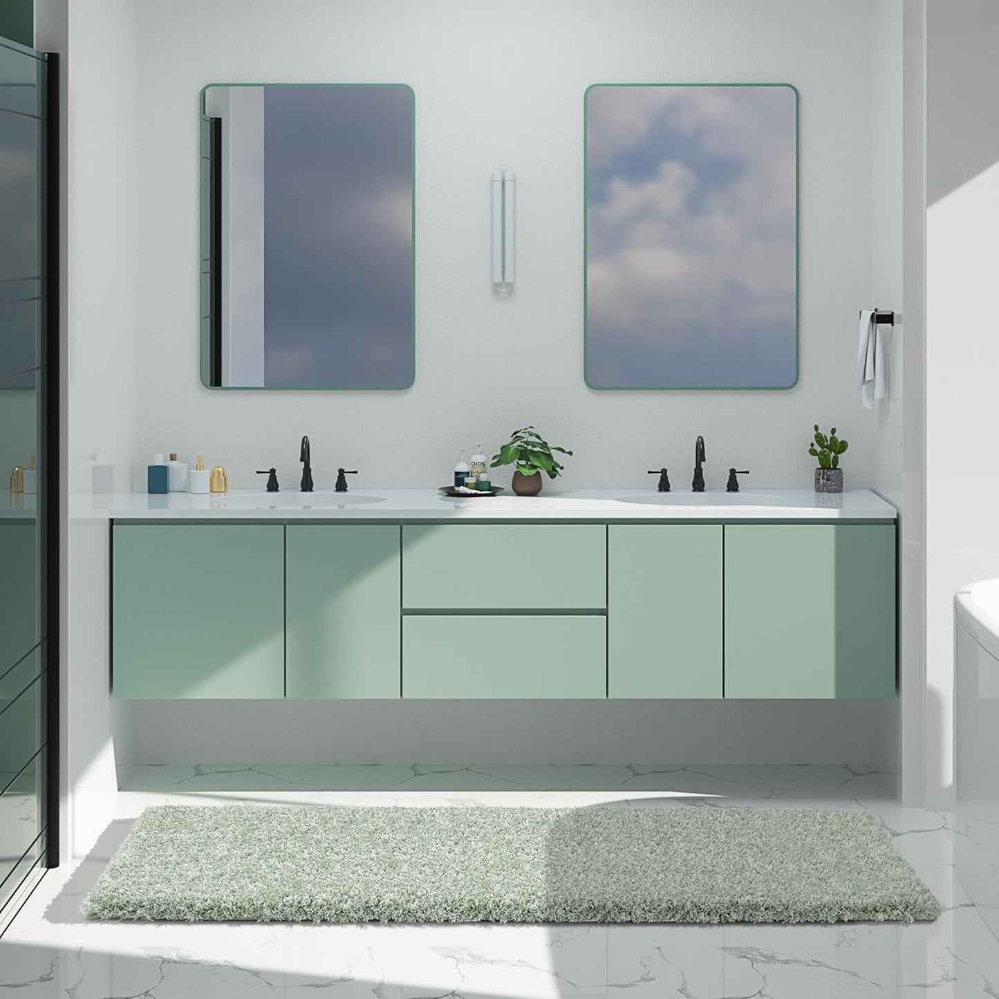 Yimobra Luxury Bathroom Rugs, Fluffy Bath Mats, Non Slip, Water Absorbent Microfiber, Machine Washable, Plush Runner Shower Rugs, Thick Matts for Bathroom Floor&Tub, 70"x 24", Light Green and White