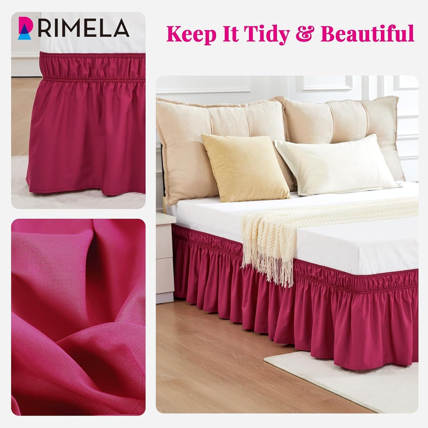 RIMELA Rose Purple Bed Skirt Queen Size 15 Inch Drop Elastic Wrap Around Dust Ruffle Bedding Bedskirt, Bed Skirt for Adjustable Bed Base, Soft Durable Fabric Machine Washable Easy to Install