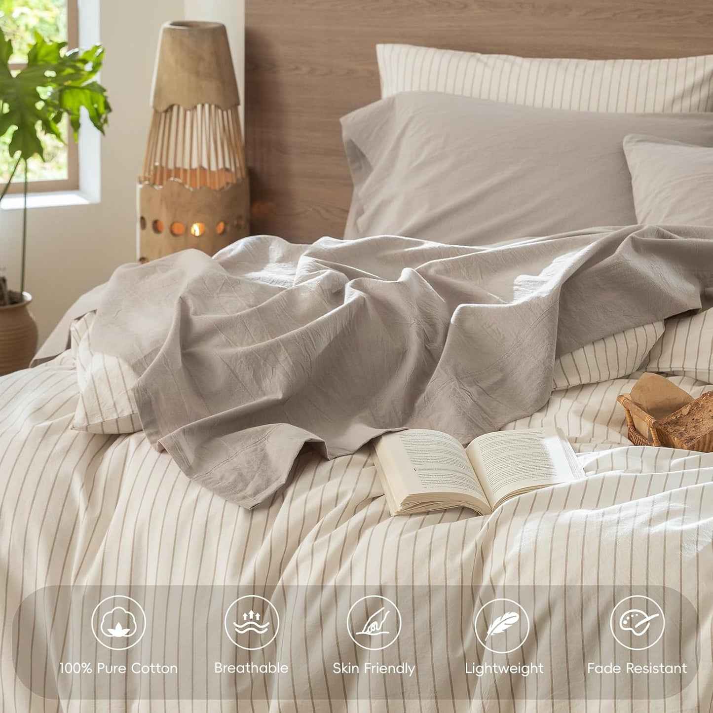 MooMee Bedding Sheet Set 100% Washed Cotton Linen Like Textured Breathable Durable Soft Comfy (Heathered Cream Grey, Queen)
