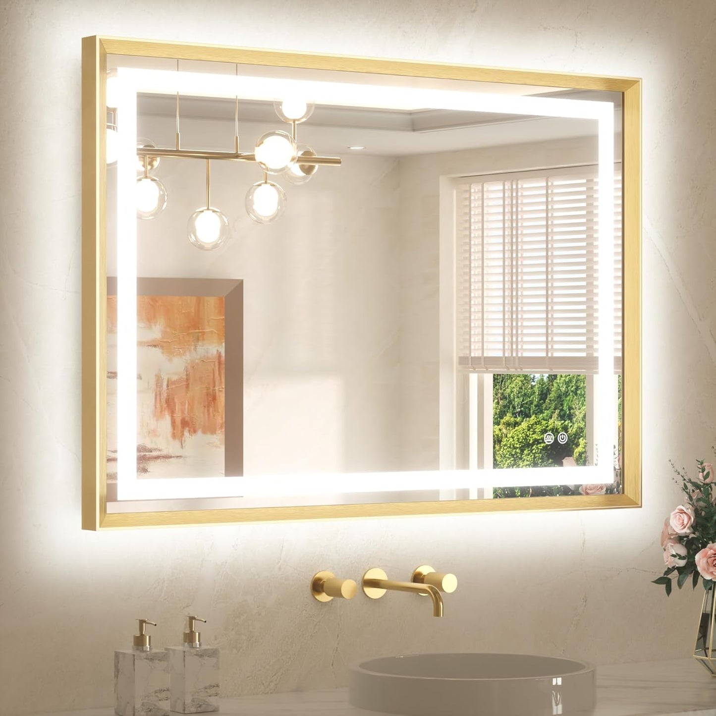 TETOTE 40 x 30 Bathroom Mirror Brushed Gold Metal Frame Frontlit & Backlit Vanity Mirror 3 Colors White/Warm/Natural Stepless Dimmable Anti-Fog Bathroom Mirrors for Vanity Wall-Mounted