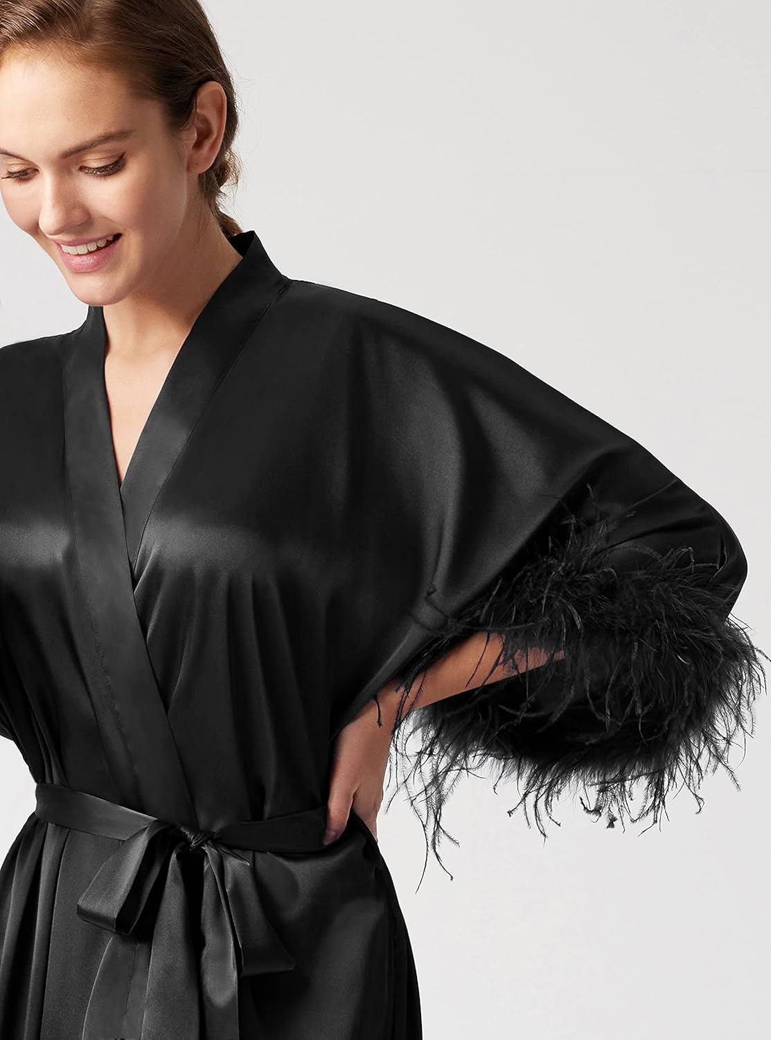 PRODESIGN Satin Kimono Robe Long Silky Bathrobe with Ostrich Feather Trim Sleepwear Wedding Bridesmaid Dressing Gown