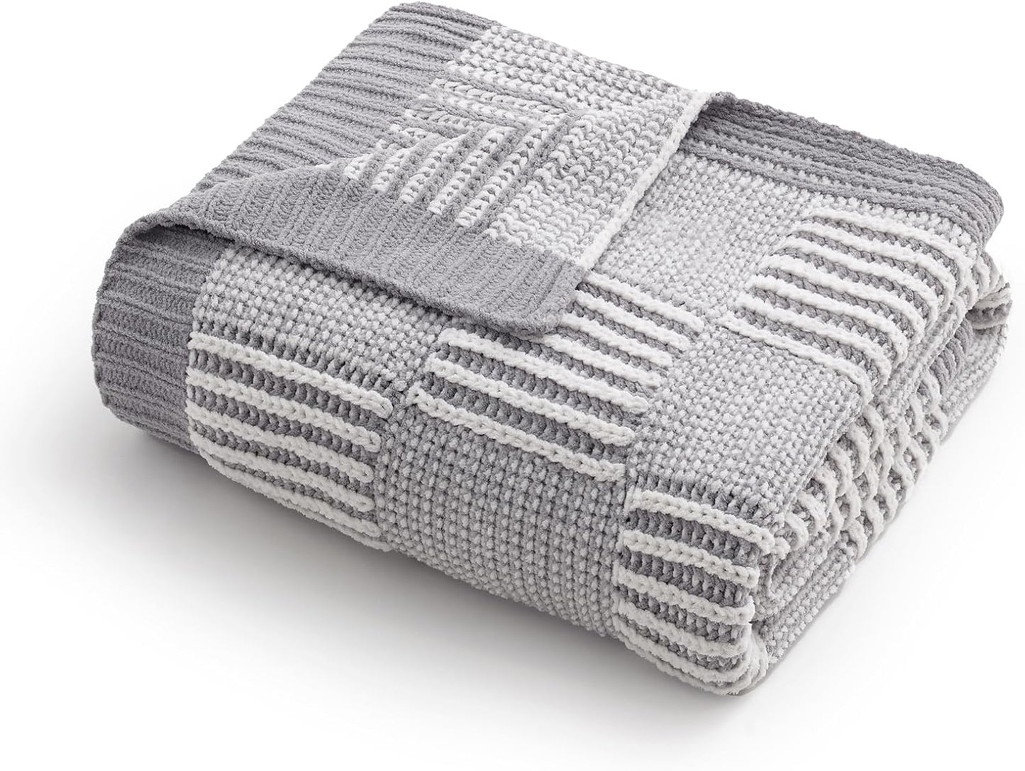 Amélie Home Checkered Knit Throw Blanket for Couch, Chenille Texture Decorative Soft Blanket for Sofa & Chair, 50"x60", Grey & White