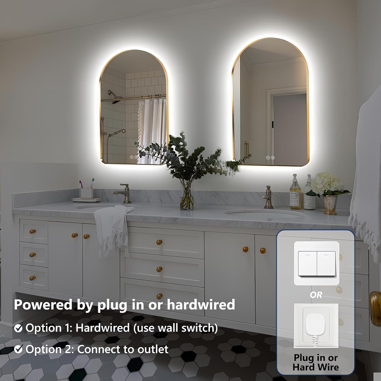 Niccy Arched LED Lighted Bathroom Mirror, 40x30 Inch Backlit Vanity Bathroom Mirror with Lights Brushed Gold Framed Wall Mounted Mirrors with 3 Color Shatterproof Arch Smart Fog Free Mirror