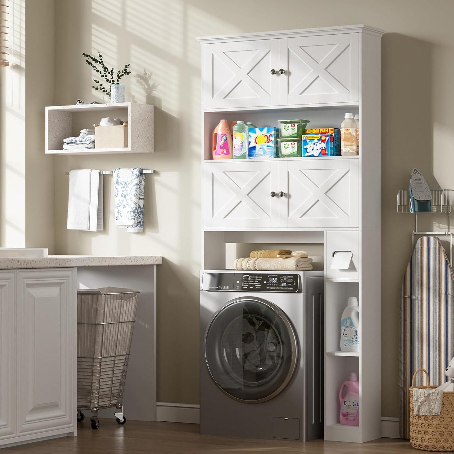 Over The Toilet Storage Cabinet, Farmhouse Storage Cabinet Over Toilet with 4 Barn Doors & Toilet Paper Holder Stand, White Toilet Shelf Home Space Saver for Restroom, Bathroom, Laundry
