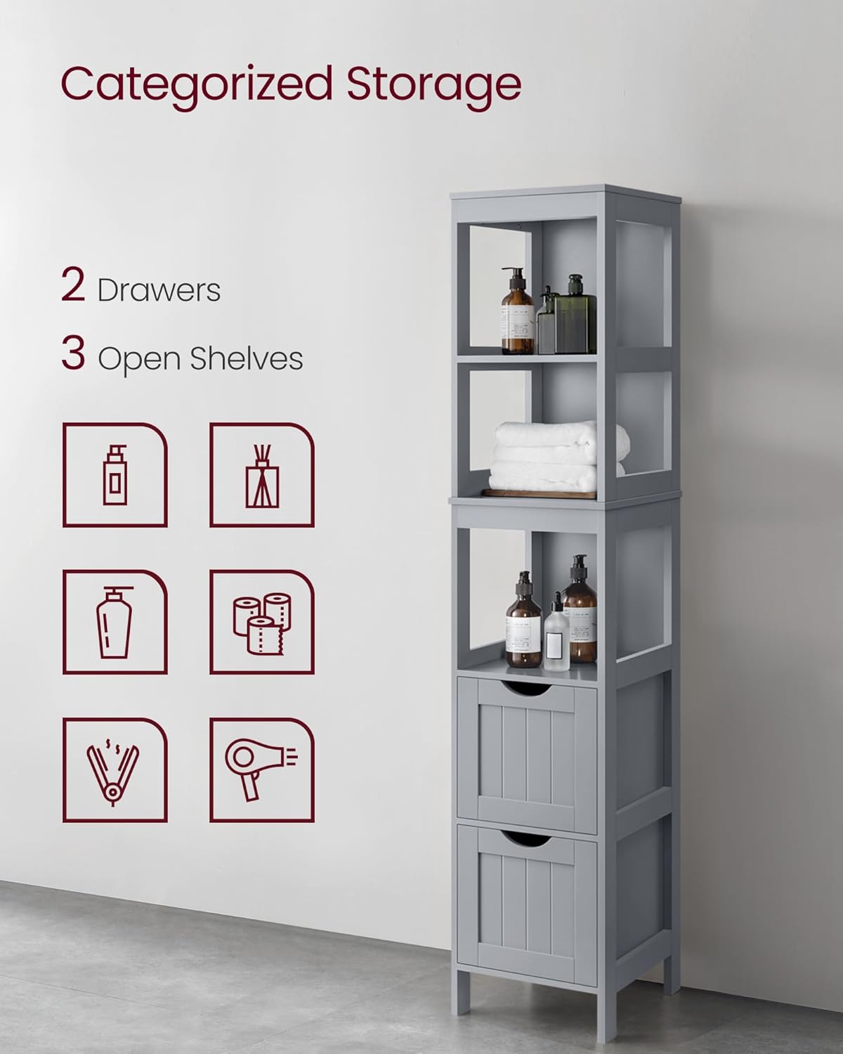 VASAGLE Bathroom Floor Cabinet, Bathroom Storage Organizer Rack Stand, Multifunctional Corner Unit, 2 Drawers, 55.7 Inches in Height, Dove Grey UBBC066G02