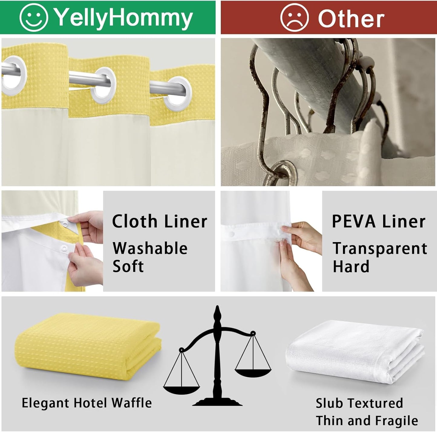YellyHommy No Hook Shower Curtain with Snap in Liner Set Less Time Yellow Waffle Shower Curtain for Bathroom 75" L x 72" W Yellow