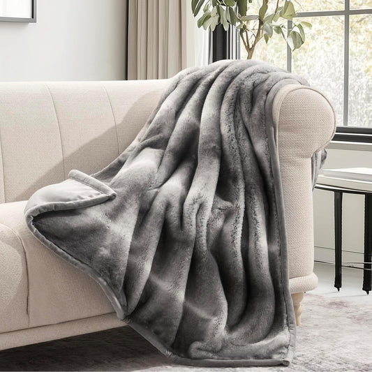 EVERGRACEHOME Ultra Soft Luxury Fluffy Mink Faux Fur Throw Blanket, Thick Warm Fall Winter Blankets for Bed, Couch, Cozy Plush Reversible Blanket for Chair, Sofa (Ombré Silver Onyx, 50"x60")