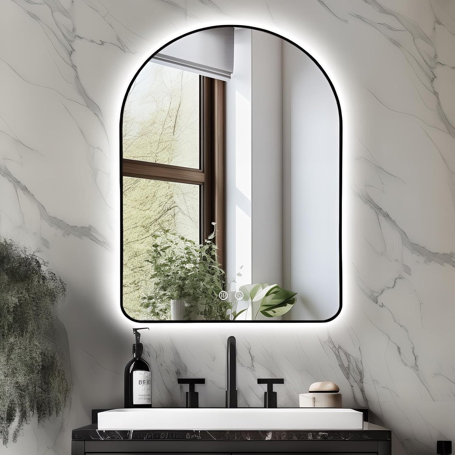 Niccy Arched LED Lighted Bathroom Mirror, 40x30 Inch Backlit Vanity Bathroom Mirror with Lights Brushed Black Framed Wall Mounted Mirrors with 3 Color Shatterproof Arch Smart Fog Free Mirror
