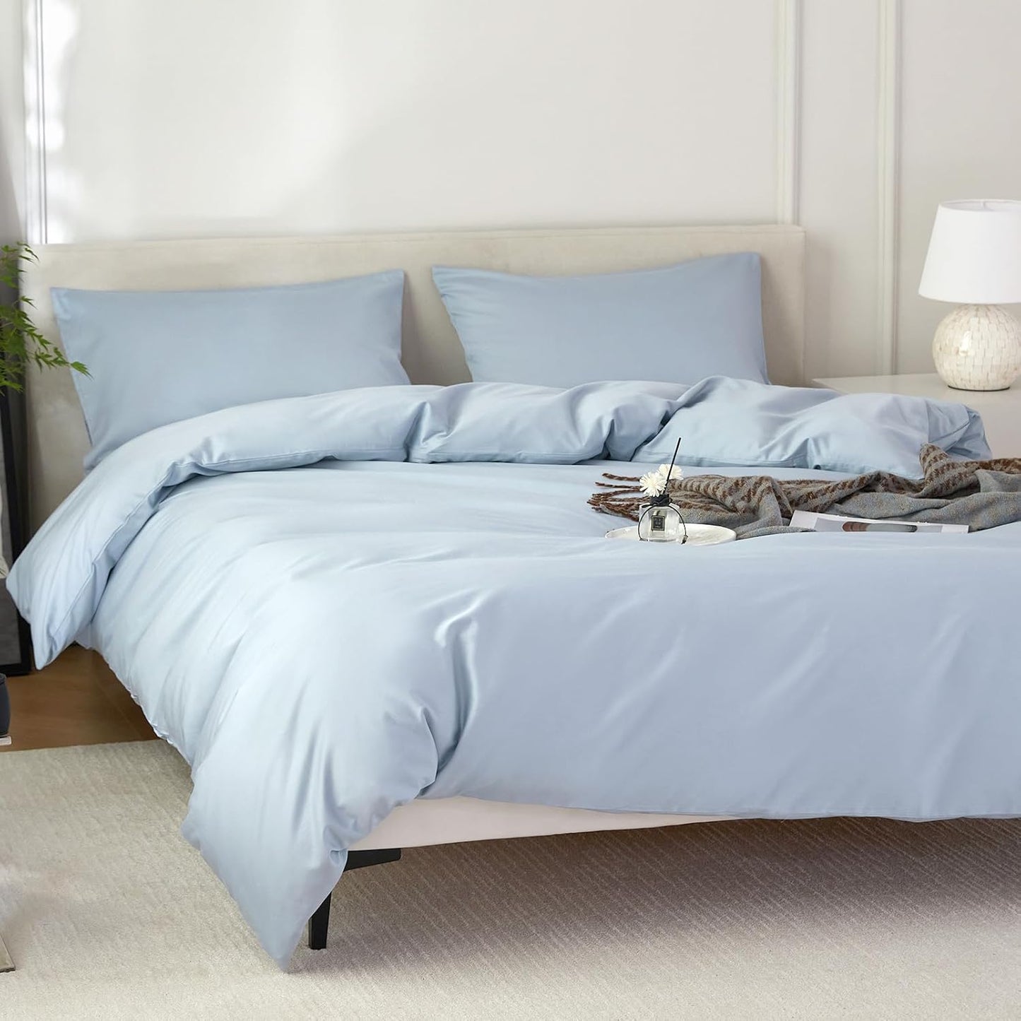 Duvet Cover King,100% Egyptian Cotton Duvet Cover Set,1600 Thread Count Feel Super Soft Comfortable Chic Lightweight 3 PCs Home Bedding Set (Light Blue,104''x90'')