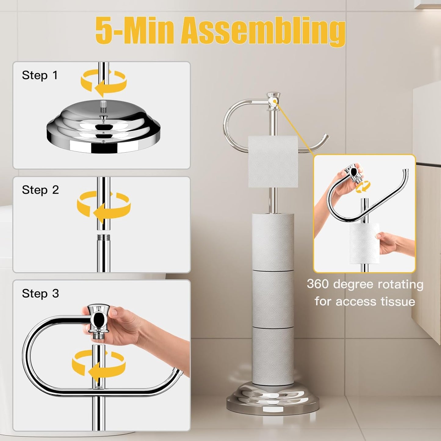 BESy Toilet Paper Holder Free Standing Bathroom Toilet Tissue Holder Stand for Floor Toilet Paper Roll Holder with Storage Hardware Accessories Rack Hand Towel Bar Polished Chrome Stainless Steel