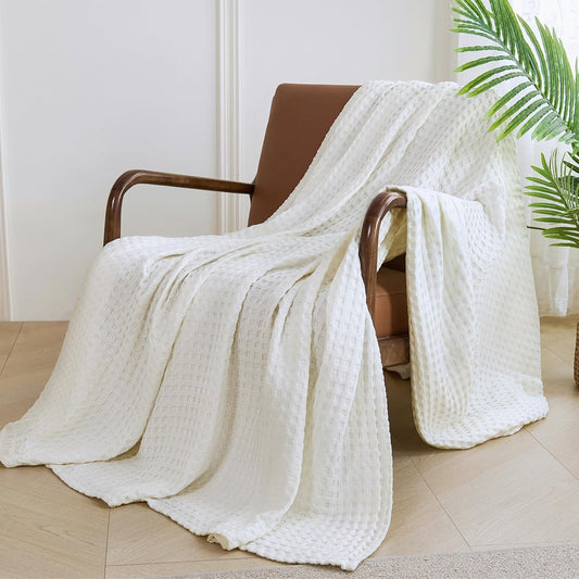 Aganear Waffle Blanket - Lightweight Breathable Summer Blanket of 50% Cotton and 50% Rayon Derived from Bamboo for Hot Sleepers Luxury Throws for Bed, Couch and Sofa,White,50x70 Inches