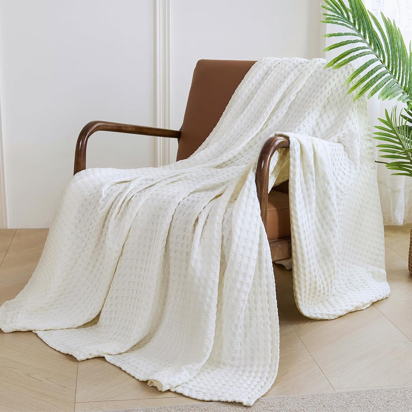 Aganear Waffle Blanket - Lightweight Breathable Summer Blanket of 50% Cotton and 50% Rayon Derived from Bamboo for Hot Sleepers Luxury Throws for Bed, Couch and Sofa,White,66x90 Inches