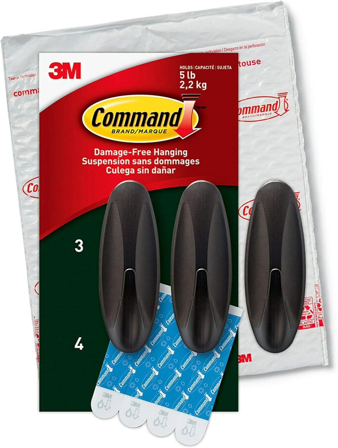 Command Outdoor Large Bronze Hooks, Holds up to 5 lb, 3 Hooks and 4 Command Strips, Damage-Free Hanging Wall Hooks for Hanging Christmas Decorations with Weather Resistant Strips