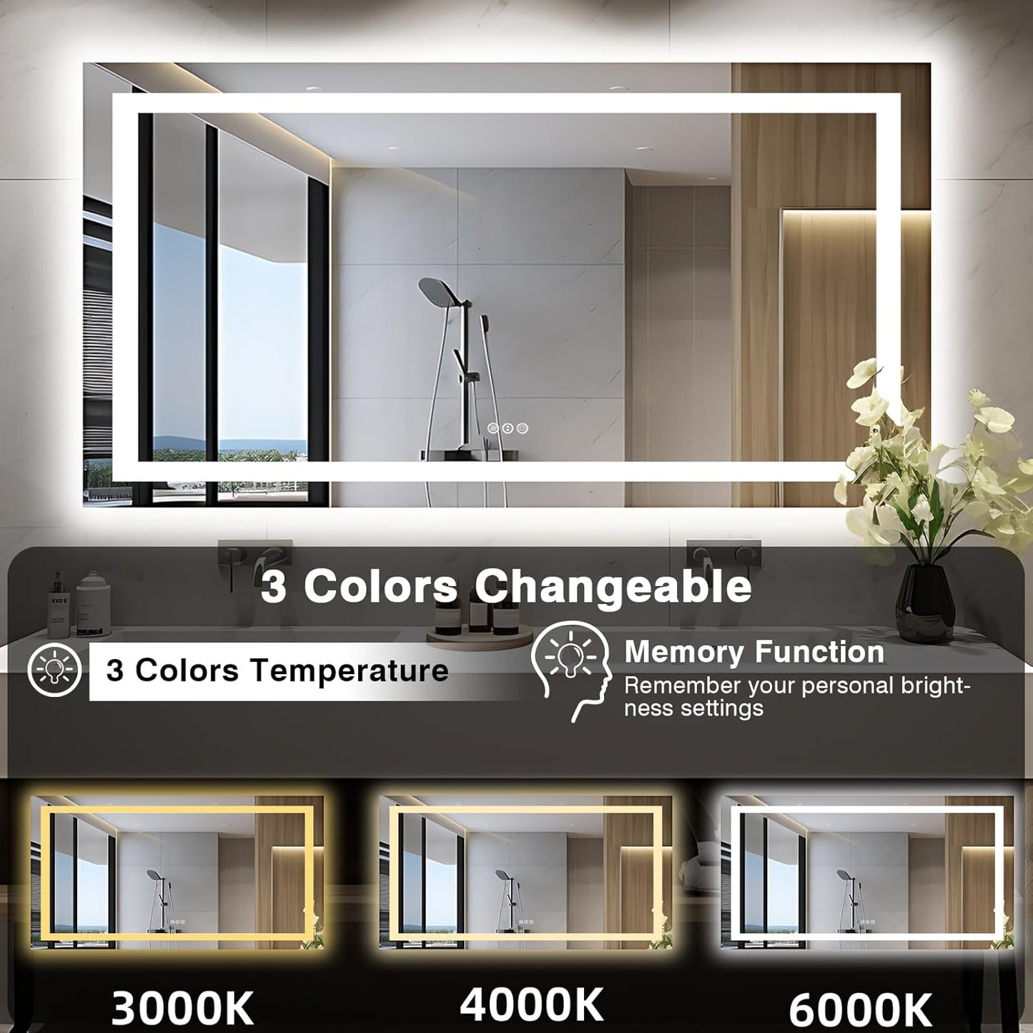 60"x30" Large LED Bathroom Vanity Mirror with Front Light and Backlit, Anti-Fog Illuminated Bathroom Mirror, Stepless Dimmable LED Mirror, 3 Colors Smart Mirror (Horizontal/Vertical)