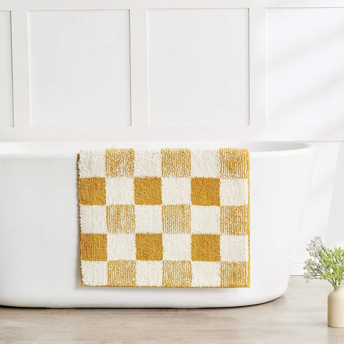 CozeCube Bath mats for Bathroom Non Slip, Fluffy Absorbent Microfiber Bath mat Washable, Aesthetic Bathroom Rugs, Small Harvest Gold Checkered Bath mat, Harvest Gold, 24" x 16"